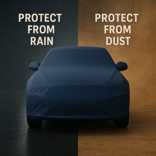 Tata Nexon car covered with a blue protective cover against rain and dust on a dark and brown background.