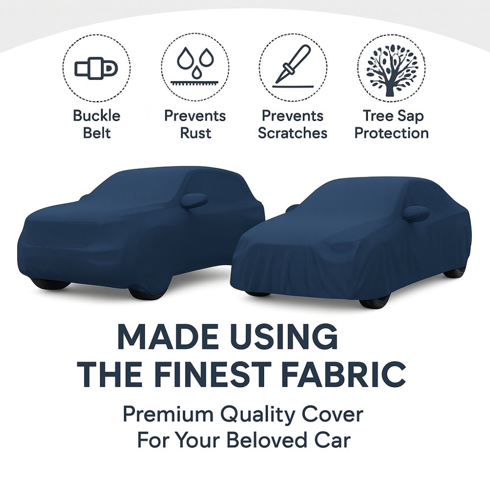 Two car covers on a white background with features listed above them.