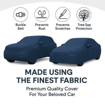 Two car covers on a white background with features listed above them.