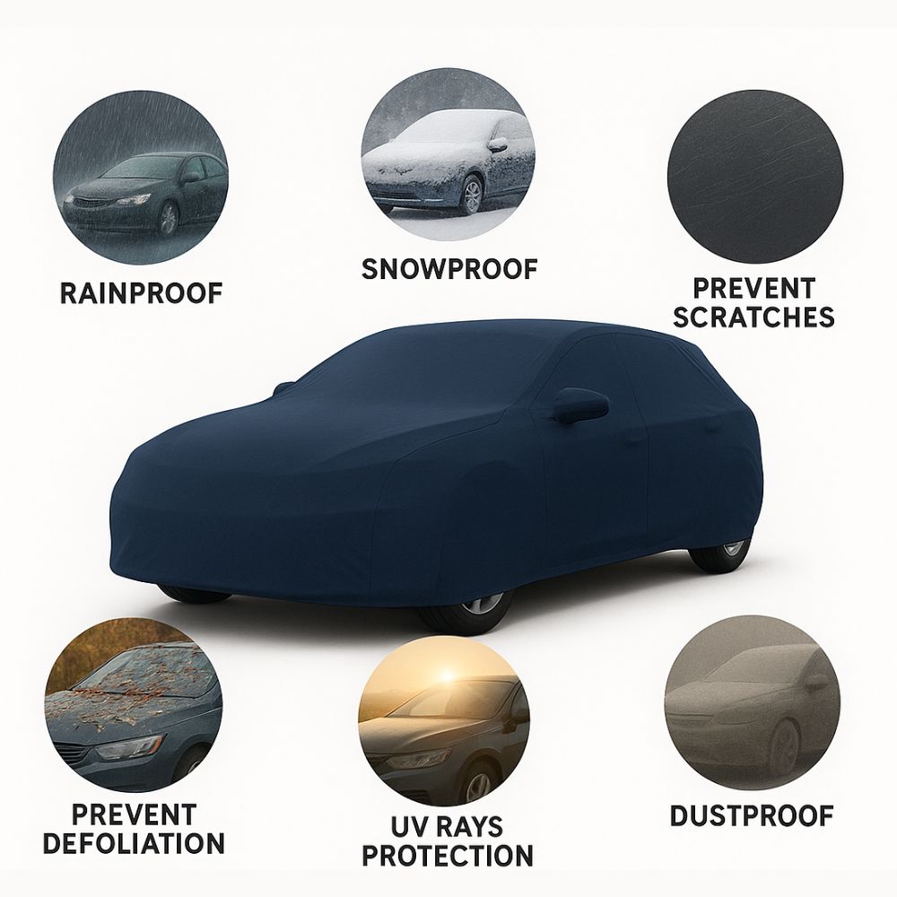 Car cover with features labeled on a white background